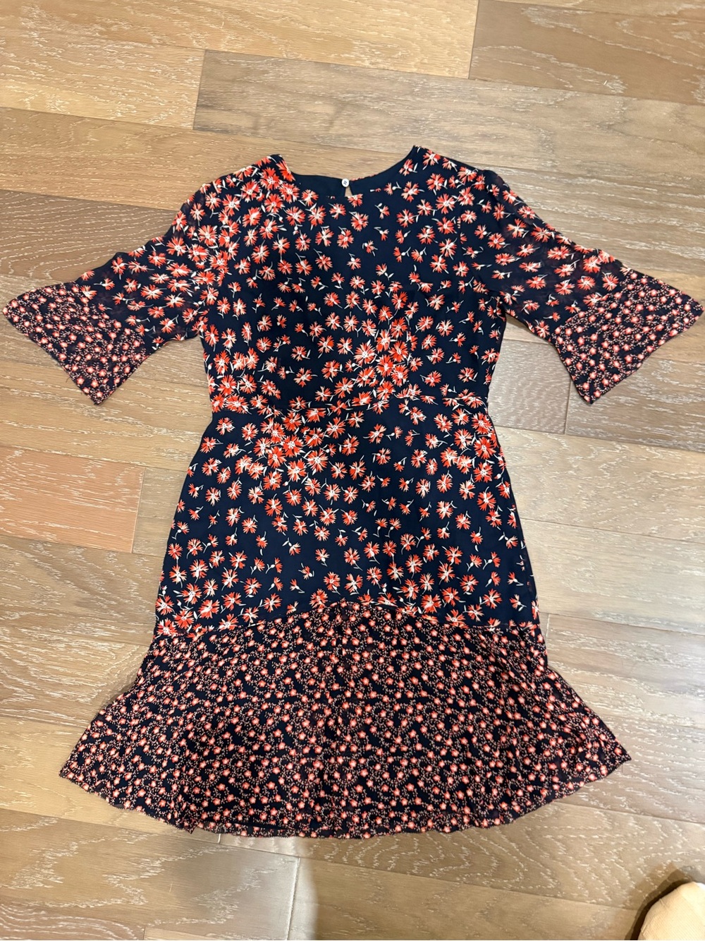 LK Bennett Navy Red Midi Silk Dress with Coral Floral Print